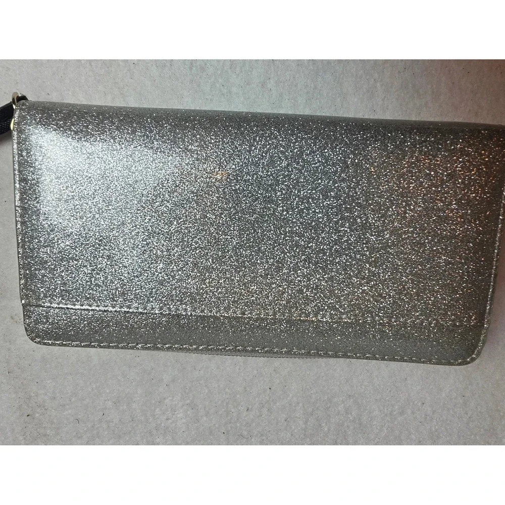 Kate Spade Silver Glitter Zip Around Wallet Metallic Anthracite Tassel Accordion